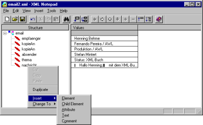 Das XML-Notepad mit einem Beispiel-Dokument aus
      Kapitel 